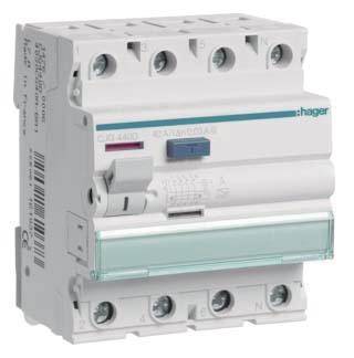 Biały wyłącznik nadprądowy Hager z wieloma zaciskami i dźwignią. Dźwignia jest niebieska i służy do włączania i wyłączania.