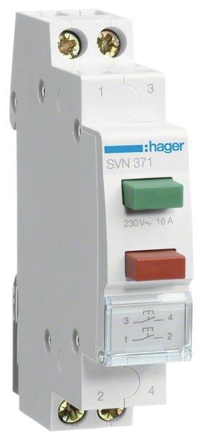Biały, szczupły automat zabezpieczający Hager z zielonym przyciskiem 'ON' i czerwonym przyciskiem 'OFF', oznaczony napisami 'SVN 371' oraz '230V~ 16A'.