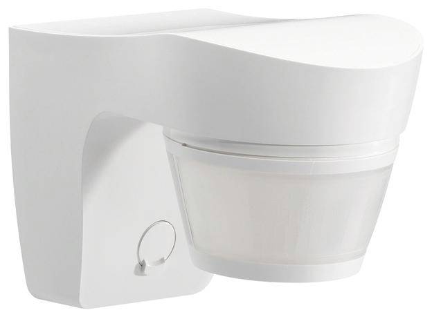 Biały czujnik ruchu z uchwytem ściennym, odpowiedni do stosowania wewnątrz i na zewnątrz budynków. Zaprojektowany do wykrywania ruchu.