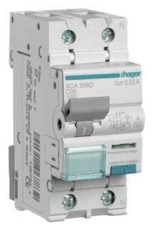 Biały, dwubiegunowy wyłącznik nadprądowy z niebieskimi i szarymi akcentami, z nadrukowaną nazwą marki, wraz ze specyfikacją techniczną.