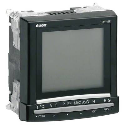 Cyfrowy miernik firmy Hager, model SM103E, służący do monitorowania i wyświetlania parametrów elektrycznych, takich jak natężenie prądu i napięcie.