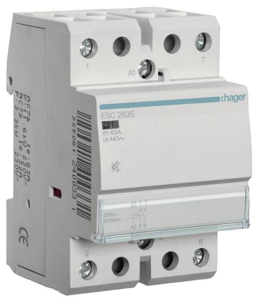 Dwubiegunowy wyłącznik nadmiarowo-prądowy marki Hager, model ESC 263S, przeznaczony do zastosowań o natężeniu 63 amperów i napięciu 400 woltów.