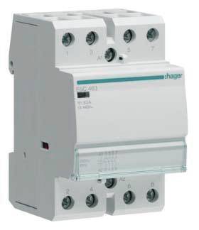 Szary wyłącznik różnicowo-prądowy Hager z sześcioma przyłączami, logo firmy w prawym górnym rogu. Stosowany do ochrony przed wypadkami elektrycznymi.