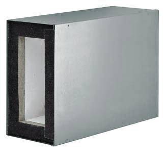 Prostokątny metalowy kanał wentylacyjny, przedstawiony z boku. Kanał jest otwarty, charakteryzuje się prostą, przejrzystą konstrukcją i jest izolowany.