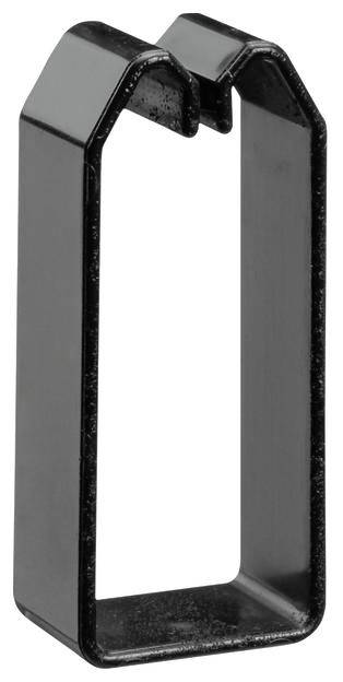 Prostokątny, metalowy element z otwartymi końcami i wcięciem szczelinowym na jednym z końców.