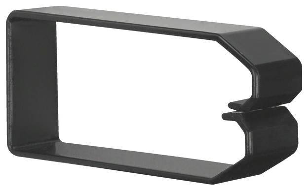 Czarny, prostokątny element metalowy z dwoma otwartymi końcami, które funkcjonalnie działają jak hak. Element dekoracyjny.