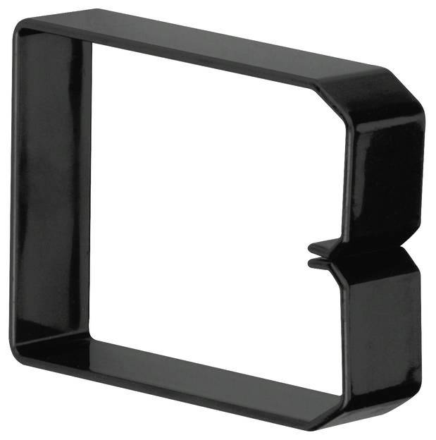 Czarny, prostokątny metalowy ramka o zaokrąglonych krawędziach z otworem po jednej stronie.