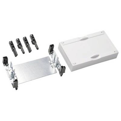 'Elementy elektrycznej puszki przyłączeniowej, w tym białą pokrywę, metalową płytę montażową i cztery czarne zaciski.'
