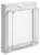 Biała, prostokątna osłona ochronna z przezroczystą przednią ścianką, używana do zabezpieczania termostatów lub przełączników.