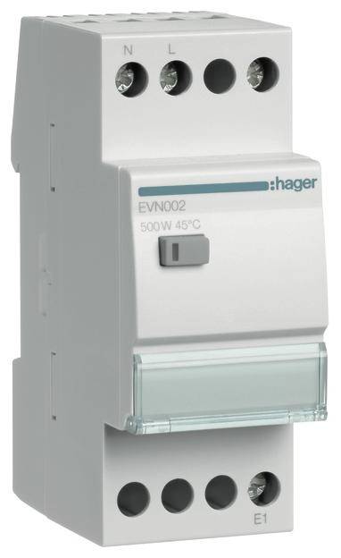 Urządzenie elektryczne firmy Hager, model EVN002, z podłączeniami dla 'N' i 'L', oznaczone jako '500W 45°C'.