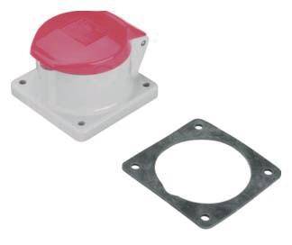 Białe złącze elektryczne z czerwoną pokrywą oraz kwadratowa płyta montażowa z okrągłym wycięciem wewnętrznym.