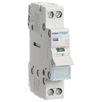 Elektryczny przełącznik firmy Hager, model SBM 216, 16AX, 230V, z włącznikiem kołyskowym i zaciskami śrubowymi do instalacji elektrycznych.