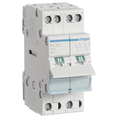 Dwubiegunowy wyłącznik nadprądowy firmy Hager, model SFL 225, o natężeniu prądu 25A i napięciu 230V.