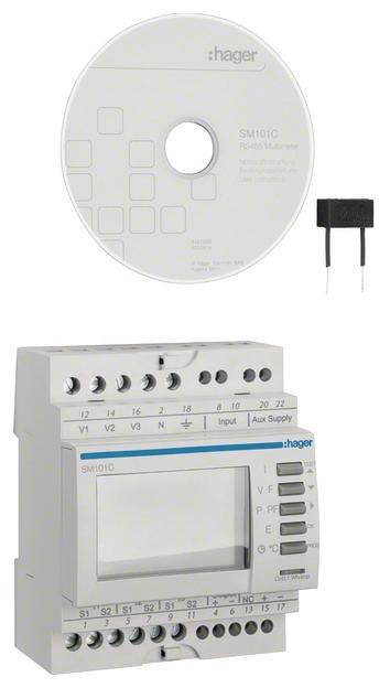 Urządzenie sterujące czasem 'SM101C' firmy Hager z zegarem dobowym i bezpiecznikiem. Urządzenie wyświetla wejścia i wyjścia, idealne do zadań przełączania sterowanych czasowo.