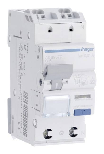 Biały wyłącznik nadprądowy marki Hager z niebieskim oznakowaniem, przeznaczony dla 16A, przedstawiający szczegółowy widok elementów.