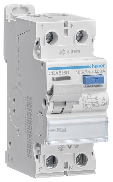 Wyłącznik różnicowoprądowy firmy Hager, model CDA516D, 16 A, prąd zadziałania 0,03 A, z podłączeniami górnymi i dolnymi.