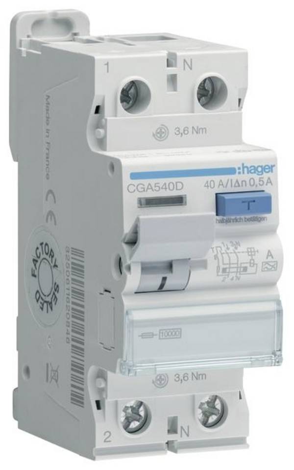 Wyłącznik różnicowoprądowy Hager CGA540D, 2 styki, 40 A, 0.5 A, 230 V