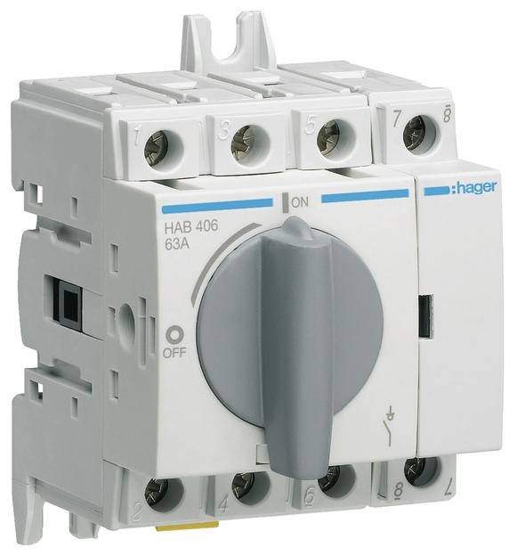 'Obraz głównego wyłącznika Hager, model HAB 406, 63A, w pozycji Wyłączony z niebiesko oznaczonymi punktami włączania i wyłączania.'