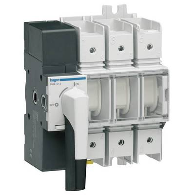 Wyłącznik główny z czarną dźwignią, pozycja 'Wyłączony', producent Hager, model HAE 312, przedstawiający elektryczne styki przełączające.