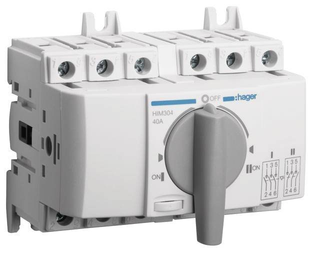Wyłącznik nadprądowy z przełącznikiem i czterema zaciskami, marka Hager, model HIM304, 40A.