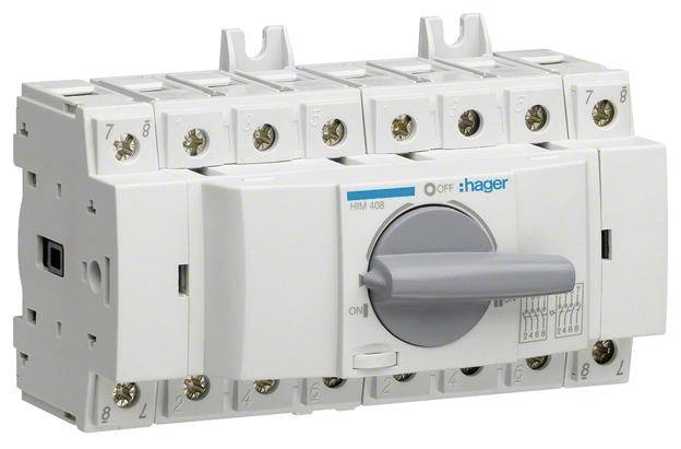 Urządzenie sterujące z pokrętłem, z nadrukiem 'hager' i pozycjami przełącznika. Stosowane do kontroli obwodów elektrycznych w rozdzielniach.