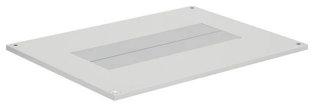 Szara, prostokątna pokrywa z czterema otworami na śruby w rogach, prawdopodobnie do instalacji elektrycznej.