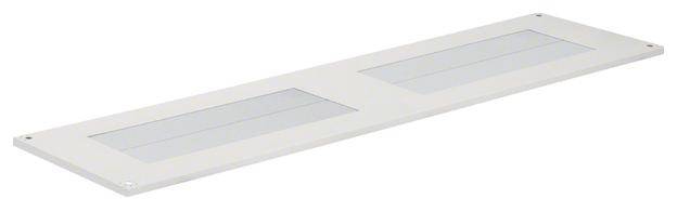 Biała, prostokątna pokrywa z dwoma przejrzystymi obszarami, prawdopodobnie nadająca się do wentylacji lub przepuszczania światła.