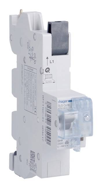Wyłącznik nadprądowy z logo Hager, model SLS C-16. Odpowiedni do instalacji elektrycznych. Beżowa obudowa z niebieską pokrywą.