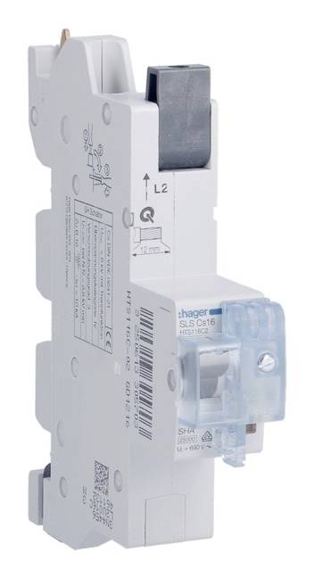 Biały automatyczny wyłącznik ochronny z niebieską obudową i diagramem technicznym, przeznaczony do ochrony systemów elektrycznych przed przeciążeniem.