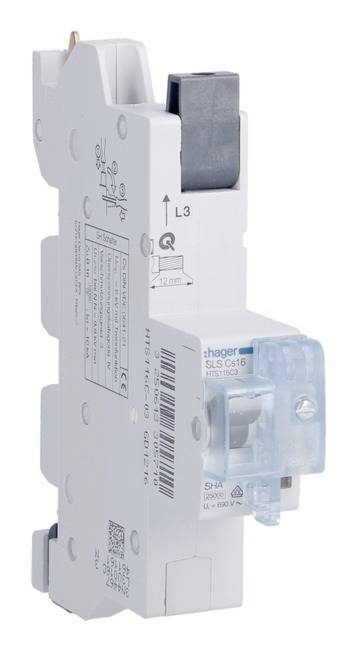 Jednotorowy wyłącznik nadprądowy firmy Hager z niebieskim okienkiem kontrolnym i oznaczeniem. Służy do ograniczania przepięć.