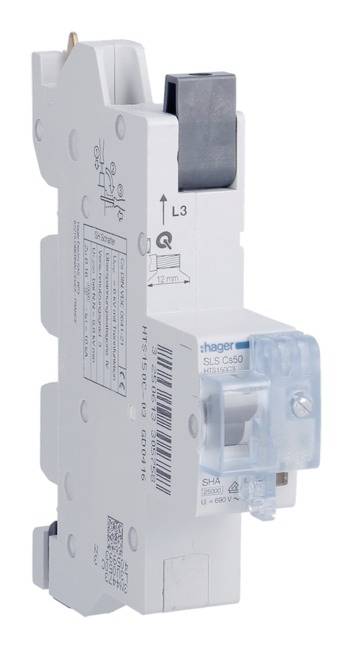 'Jednobiegunowy wyłącznik nadprądowy Hager z naklejką danych technicznych, oznaczeniem L3 i czarną dźwignią do sterowania obwodem elektrycznym.'