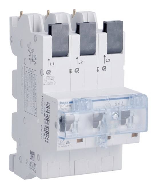 Trójbiegunowy wyłącznik nadmiarowo-prądowy z oznaczeniami L1, L2 i L3, stosowany do zabezpieczania obwodów elektrycznych.