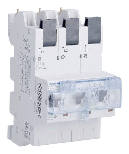 Trójbiegunowy wyłącznik mocy z niebieskimi osłonami ochronnymi, opisami i specyfikacjami technicznymi na boku.