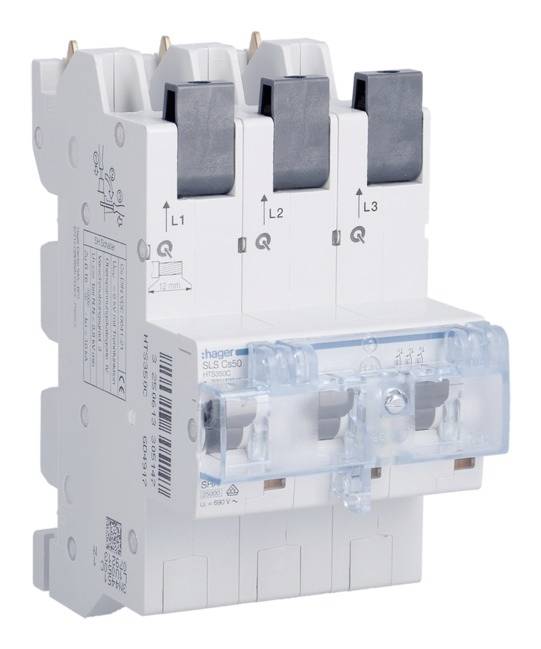 Trójbiegunowy wyłącznik mocy, oznaczony jako 'L1', 'L2', 'L3', służy do sterowania i zabezpieczania obwodów elektrycznych.