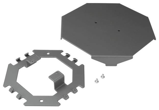 Metalowa płyta montażowa z ośmiokątną pokrywą i śrubami mocującymi, przeznaczona do instalacji urządzeń elektrycznych.