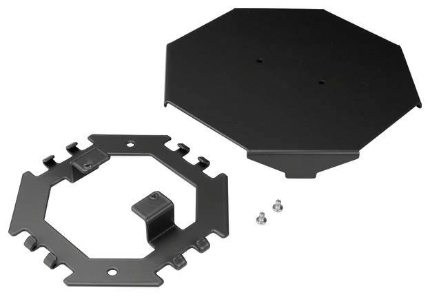 Metalowy uchwyt i wspornik o kształcie sześciokątnym, z śrubami. Stosowany do mocowania w zastosowaniach budowlanych lub montażowych.