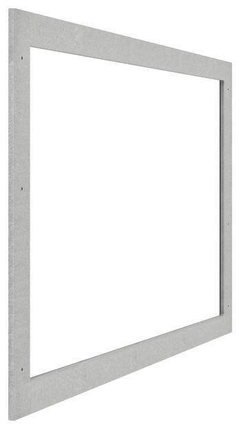 Metalowa rama z prostokątnym otworem, malowana na szaro. Posiada prostą, minimalistyczną stylistykę bez dodatkowych ozdób.