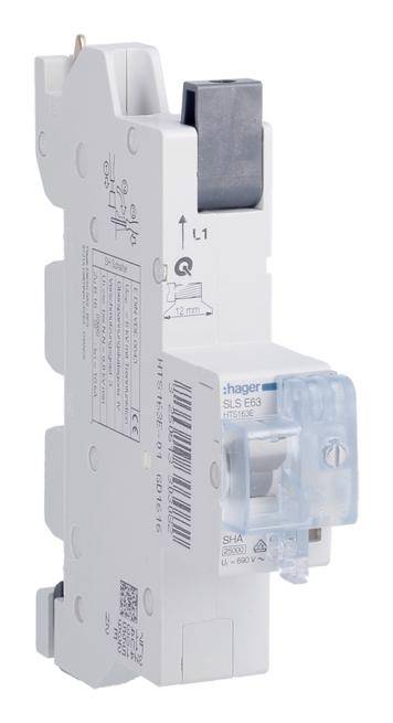 'Wyłącznik SLS z niebieskim bezpiecznikiem, kwadratowym wyzwalaczem, nadrukowanymi szczegółami technicznymi i kodem QR.'