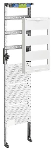 Rama montażowa do instalacji elektrycznych, z zamontowanymi listwami i otwartą skrzynką rozdzielczą. Odpowiednia do systemów techniki domowej.