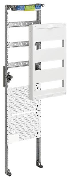 'System instalacyjny z otwartą rozdzielnicą elektryczną, zamontowany na metalowej ramie. Gotowy do montażu ściennego z podłączeniami kablowymi.'