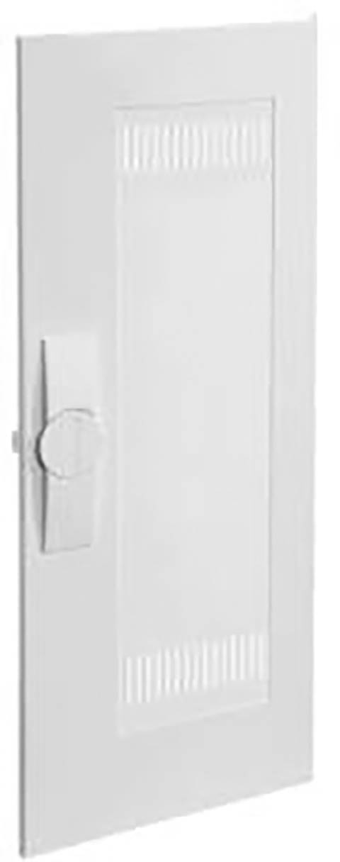 Białe drzwi z otworami wentylacyjnymi i okrągłą klamką po lewej stronie.