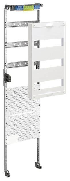 Pionowy system montażowy do rozdzielnic elektrycznych, wyposażony w kilka szyn, z białą osłoną po prawej stronie.