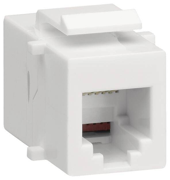 Biała złączka sieciowa z gniazdem RJ45. Stosowana w okablowaniu Ethernet, przedstawiająca otwartą stronę przyłącza z ośmioma stykami.