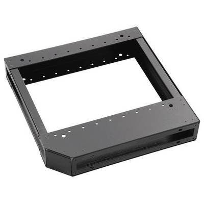 Czarna aluminiowa podstawa mocująca z wieloma wywierczonymi otworami, o prostokątnym kształcie, prawdopodobnie przeznaczona do montażu urządzeń technicznych.