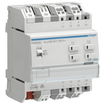 Hager KNX przełącznik TXA604D z 4 kanałami, przeznaczony do 230 V AC, przedstawia złącza i elementy sterujące z przodu urządzenia.