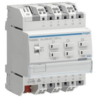Białe urządzenie elektryczne z sześcioma przełącznikami, oznaczone napisem 'Hager'. Służy do sterowania obwodami elektrycznymi.