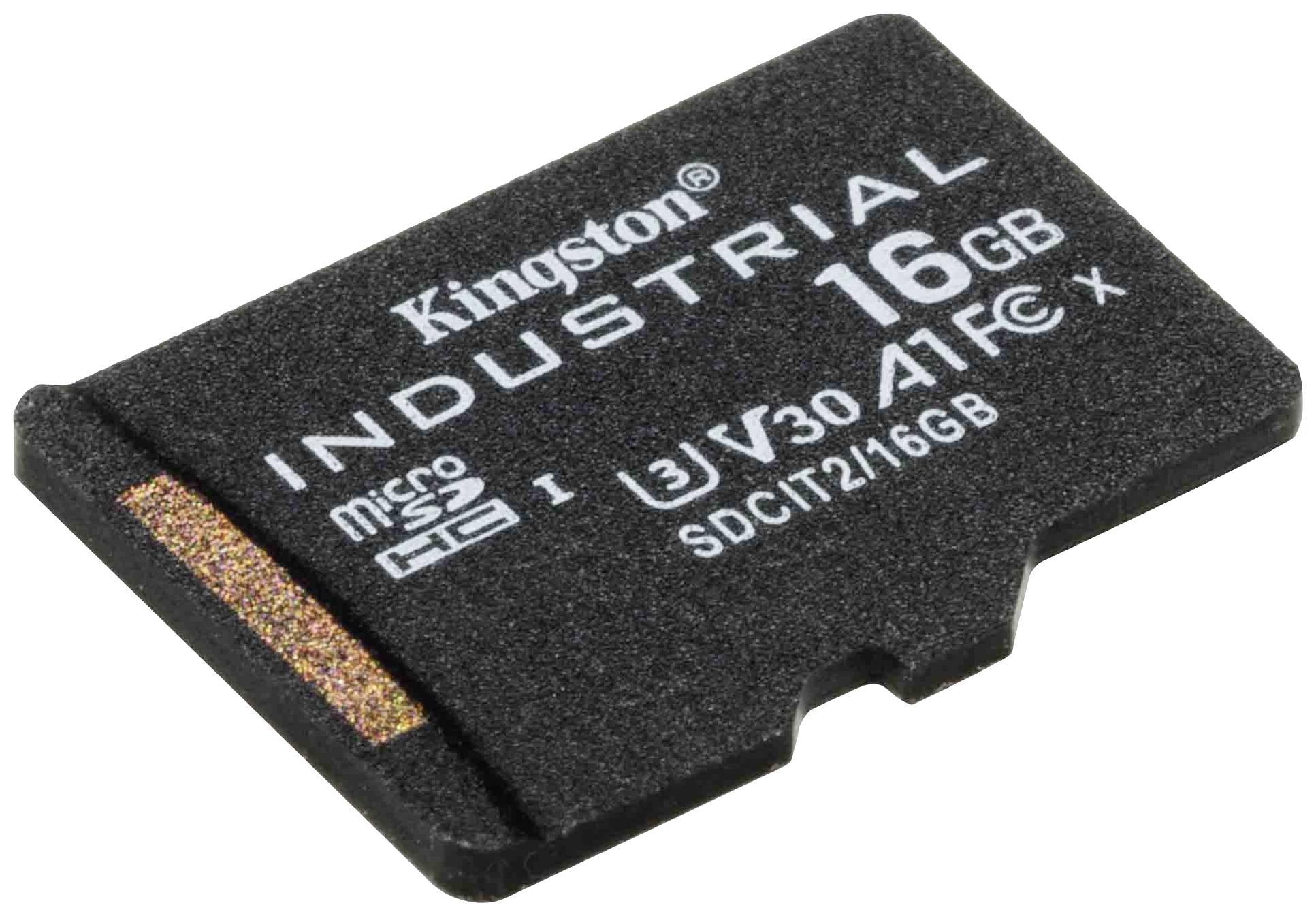 Karta Kingston Industrial microSD o pojemności 16 GB, przeznaczona do wymagających środowisk i szybkiego transferu danych.