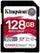 Karta SD z napisem 'Kingston 128GB', wykazująca prędkość 300 MB/s, odpowiednia do nagrań wideo w wysokiej jakości.