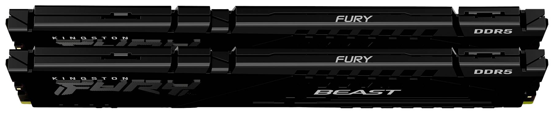 Dwa czarne moduły pamięci RAM Kingston FURY DDR5 ułożone jeden na drugim, z widocznym oznakowaniem 'FURY' i 'BEAST' na radatorach.