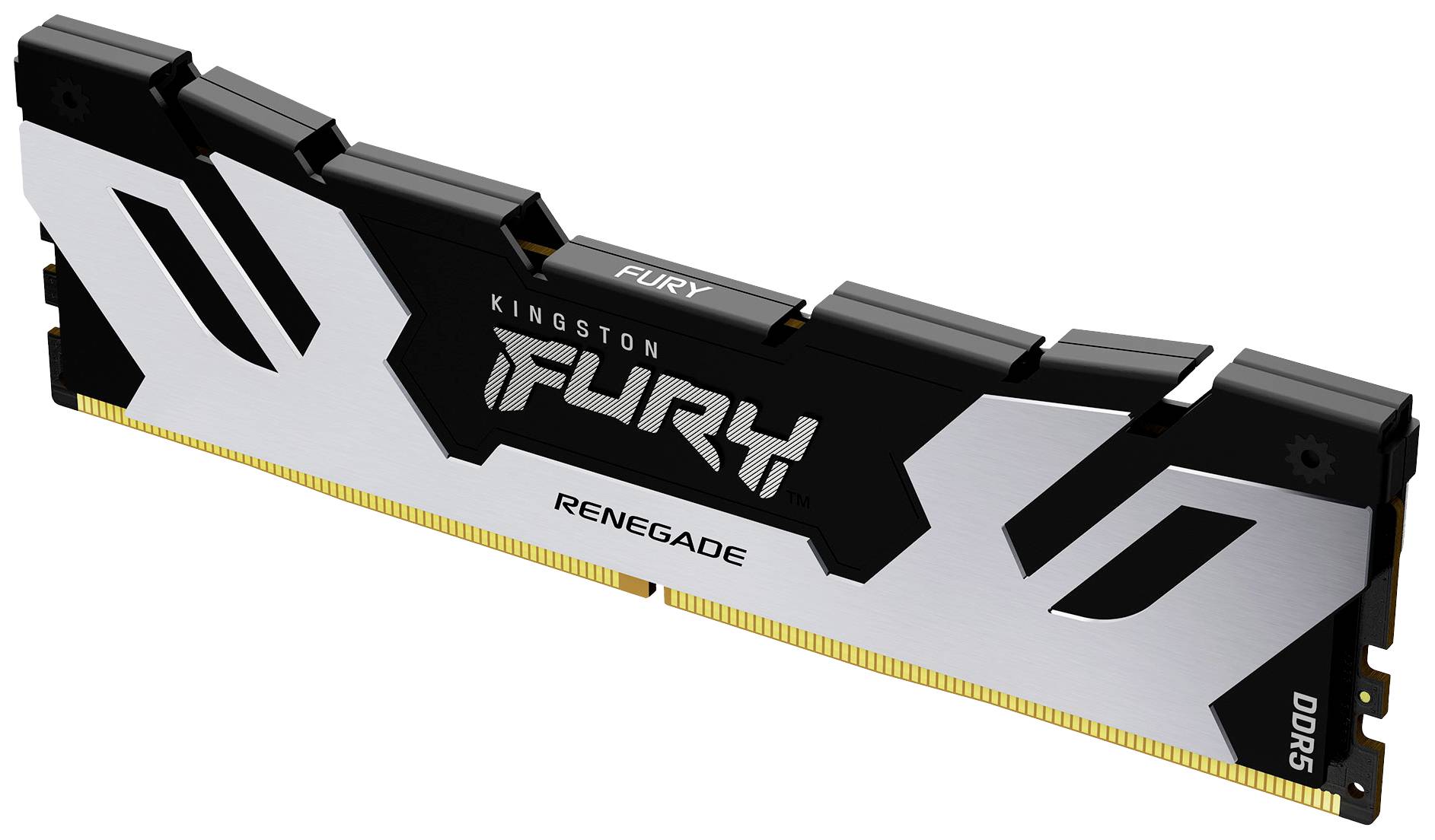 Pamięć RAM DDR5 firmy Kingston FURY, model 'Renegade'. Srebrno-czarny design z radiatorem. Odpowiednia dla systemów o wysokiej wydajności.